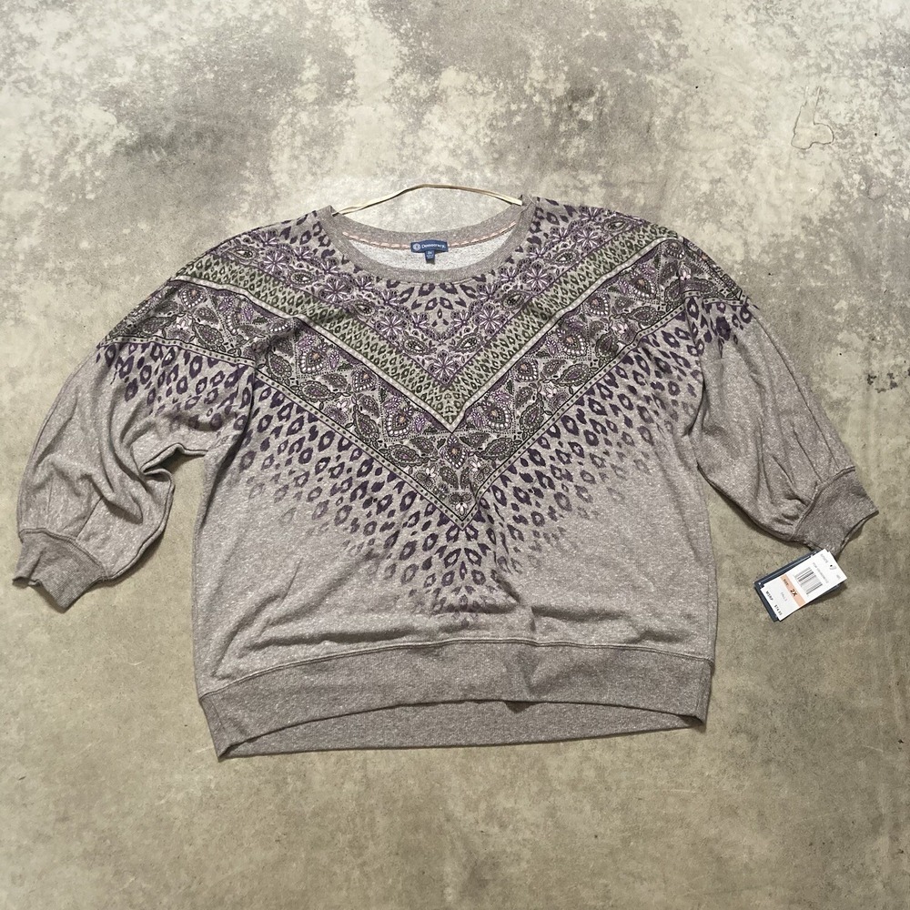 Democracy Womens Size 2X NWT Gray Purple Mixed Print Pullover Sweatshirt